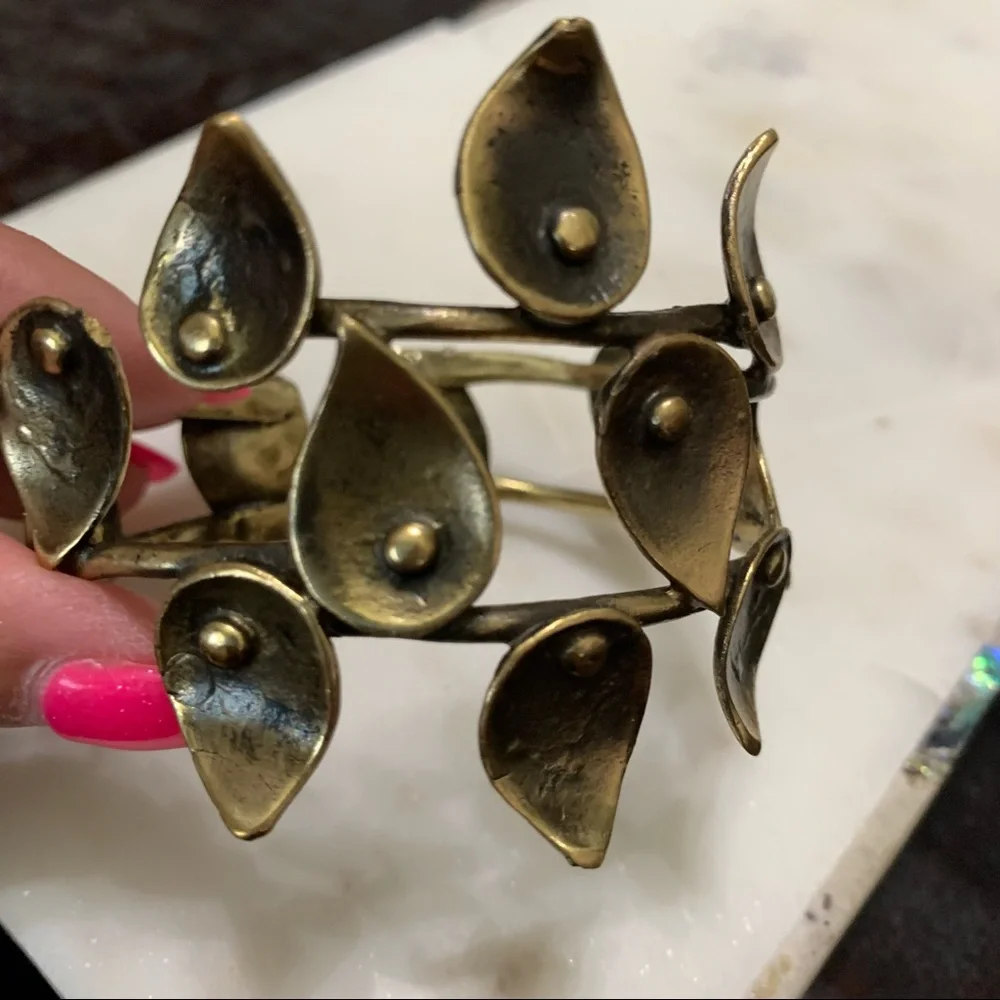 Antique gold abstract leaf cuff bold bracelet